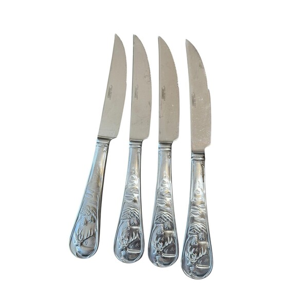 4 Cambridge Caribou Deer Elk Trees Moose Satin Stainless Flatware Steak Knives - Picture 3 of 4